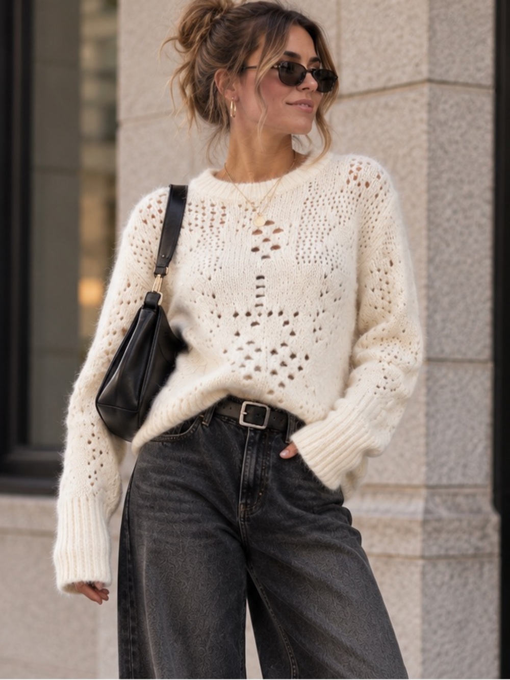 AllSaints Winnie Alpaca Wool Knit Sweater Open Knit Eyelet Cream Ivory